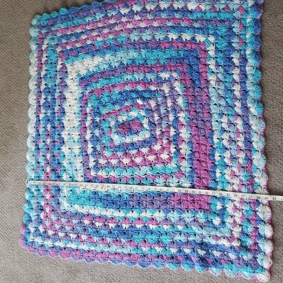 Handmade knit personal throw blanket purple, blue and white - Picture 4 of 4